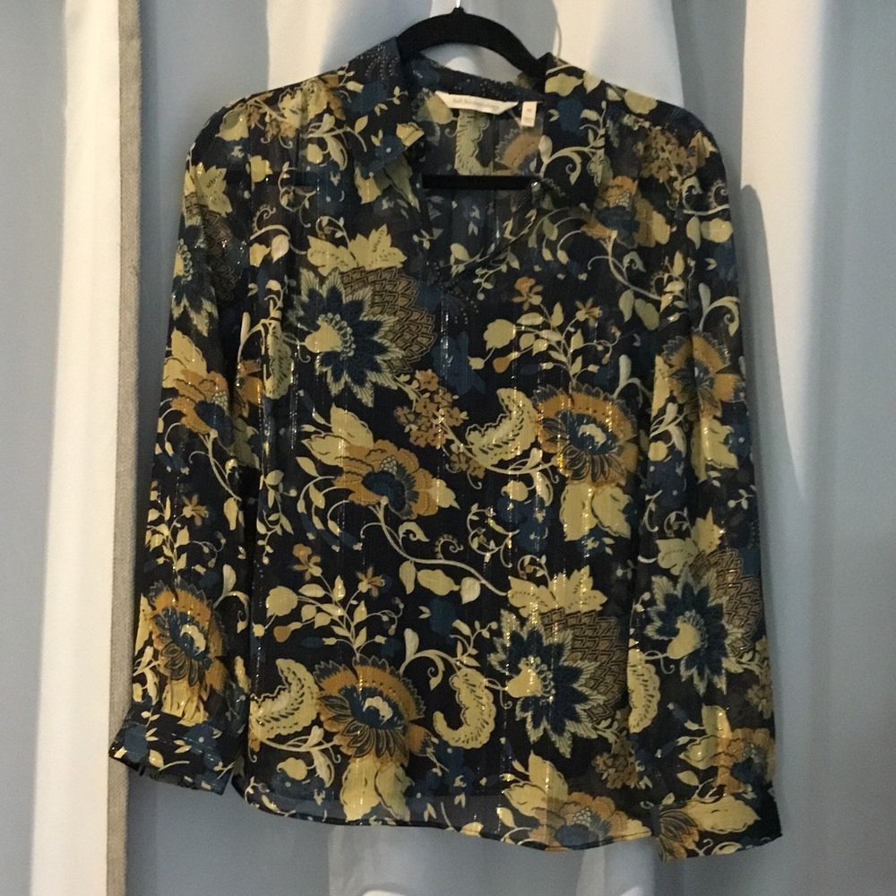 Soft Surroundings Navy and Gold Floral Blouse